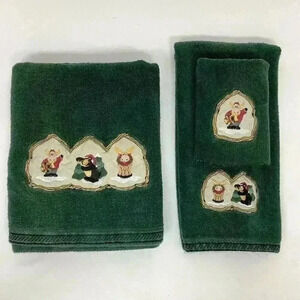Christmas Bath Fingertip Hand Towel 3pc Set Santa Claus Reindeer Winter Green